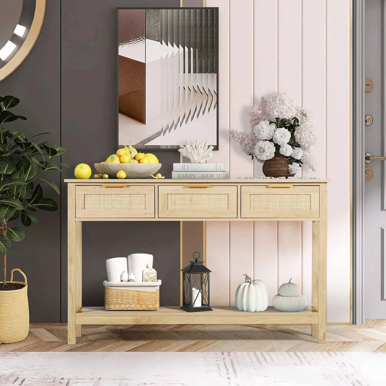Aine Rattan Narrow Entryway Table With Storage - Image 2
