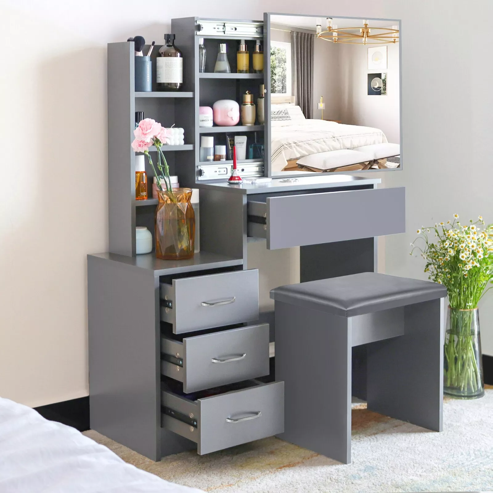 Ana Mirrored Vanity Dressing Table With Drawer