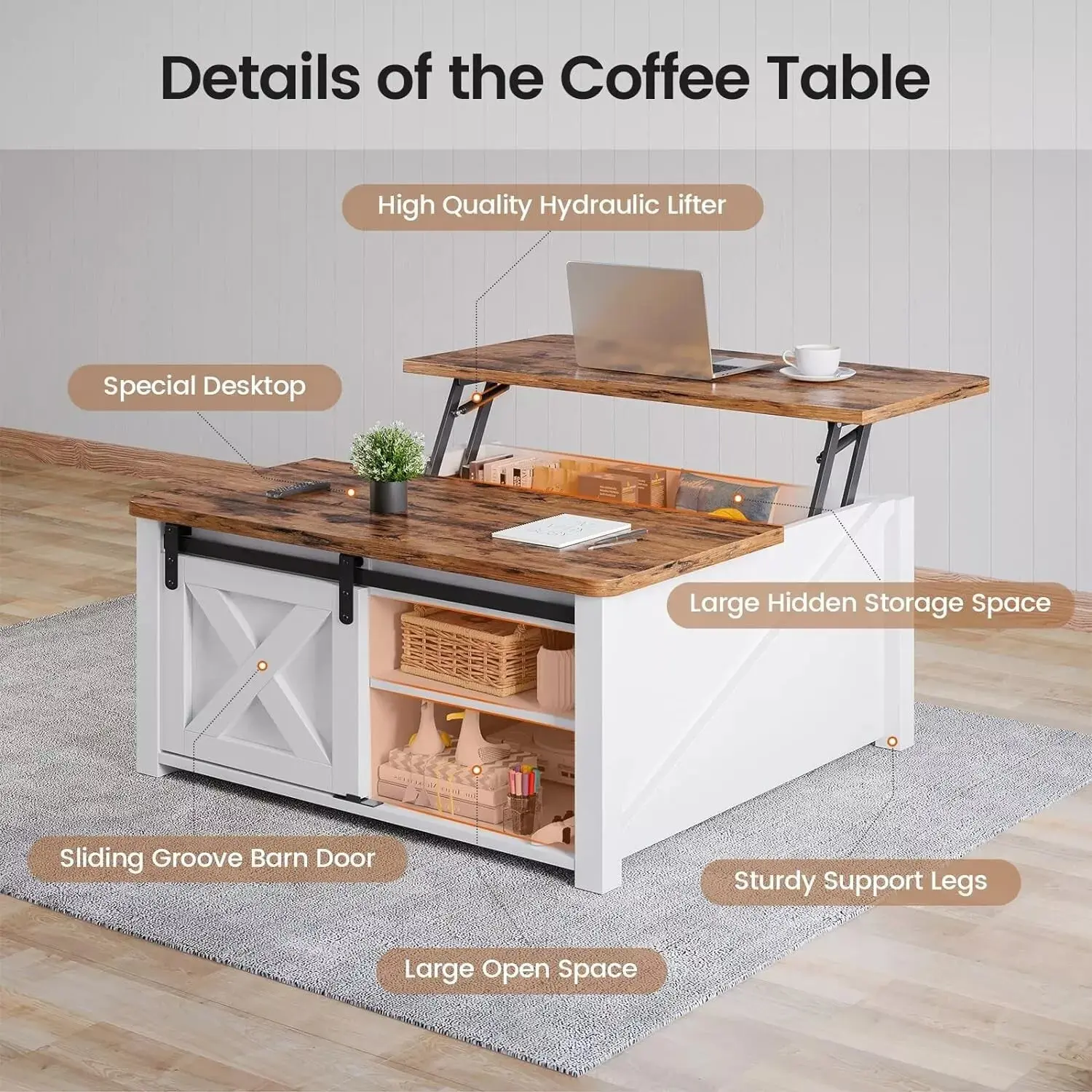 Beau Rustic Square Lift Top Farmhouse Coffee Table - Image 6