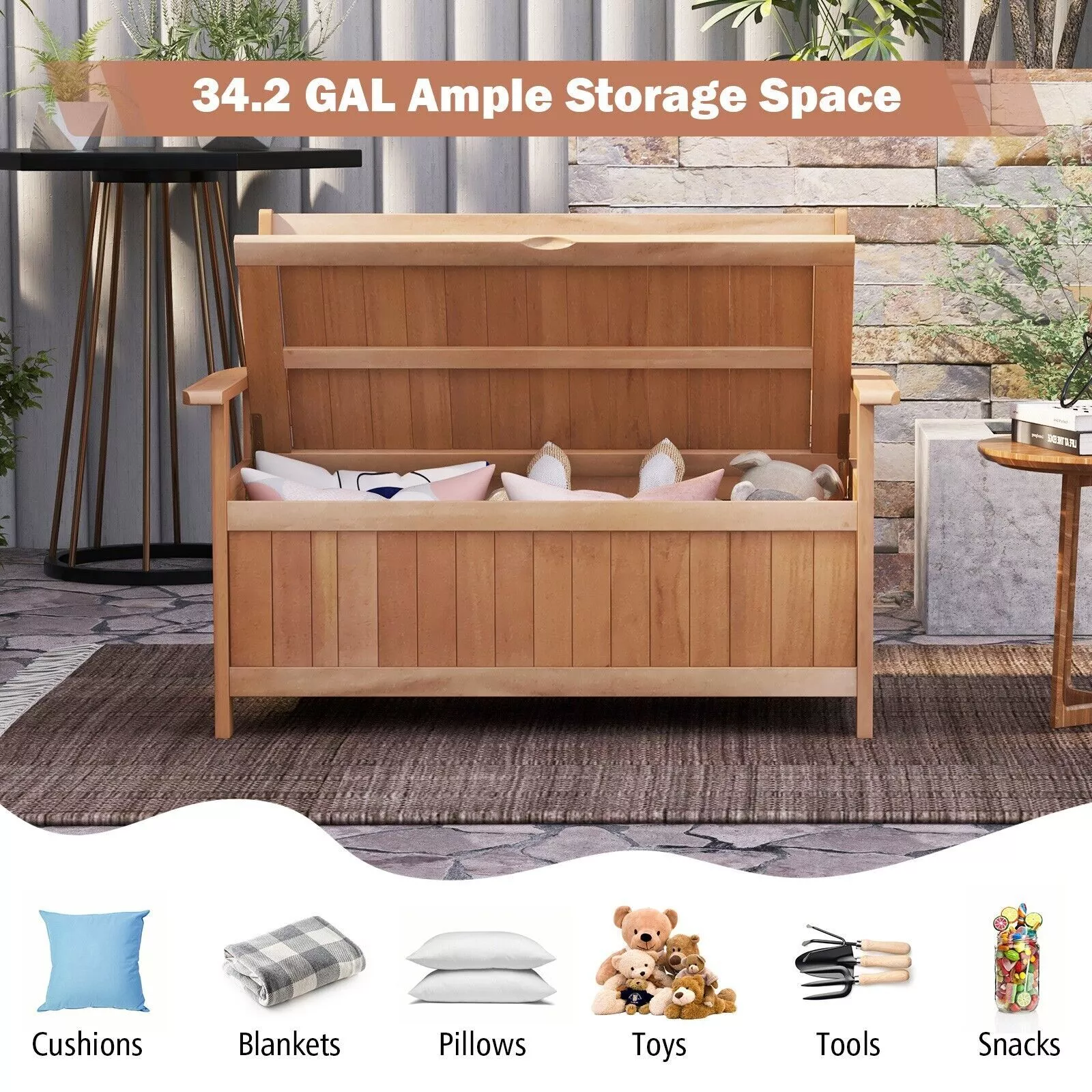 Bella Wooden Outdoor Garden Storage Bench - Image 5