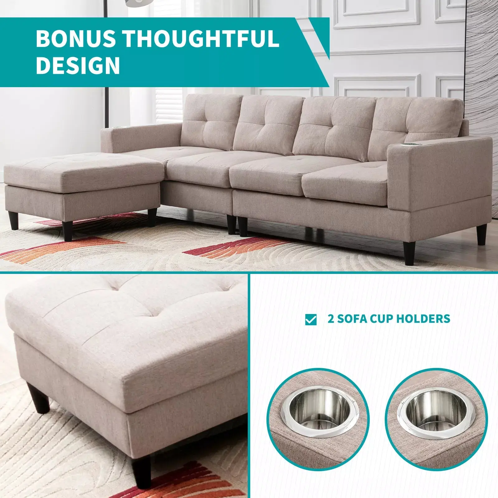 Convertible Linen L Shaped Sectional Couch - Image 6
