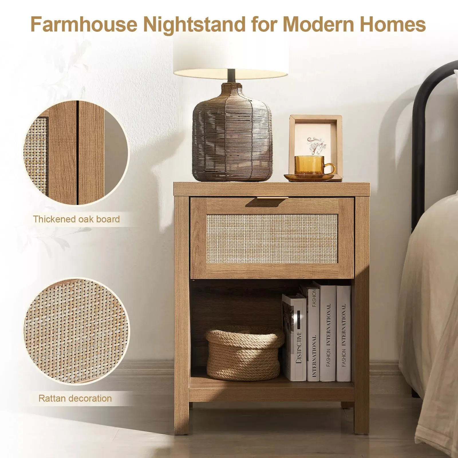 Duke Rattan Nightstand Table With Drawer - Image 4