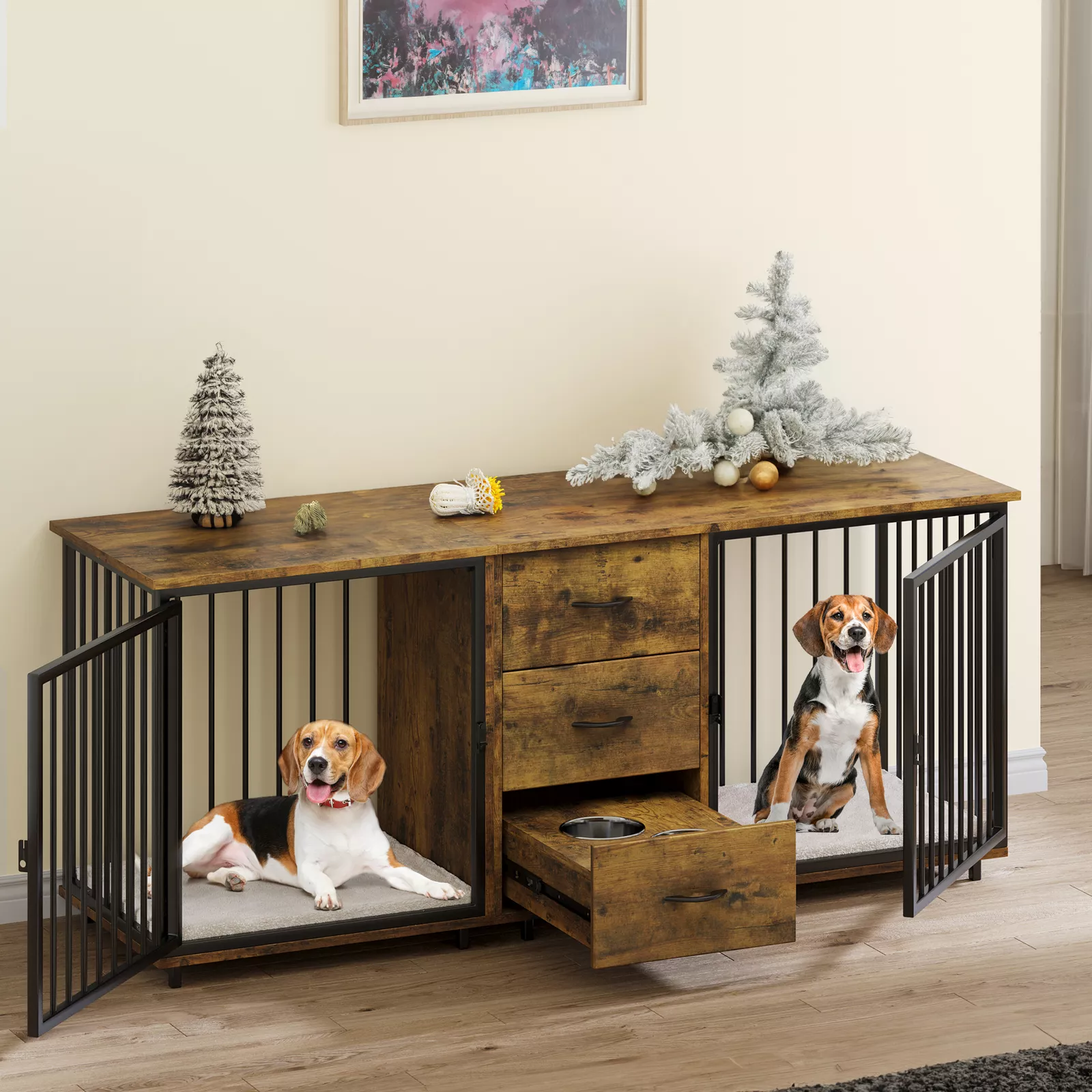 74.4" Evan Double Dog Crate Furniture For 2 Dogs