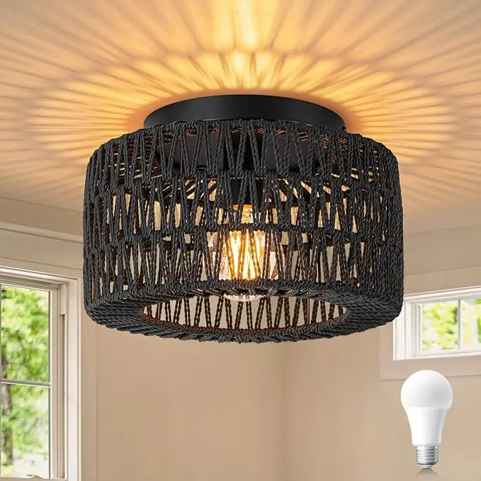 Farmhouse Rattan Flush Mount Ceiling Light - Image 2