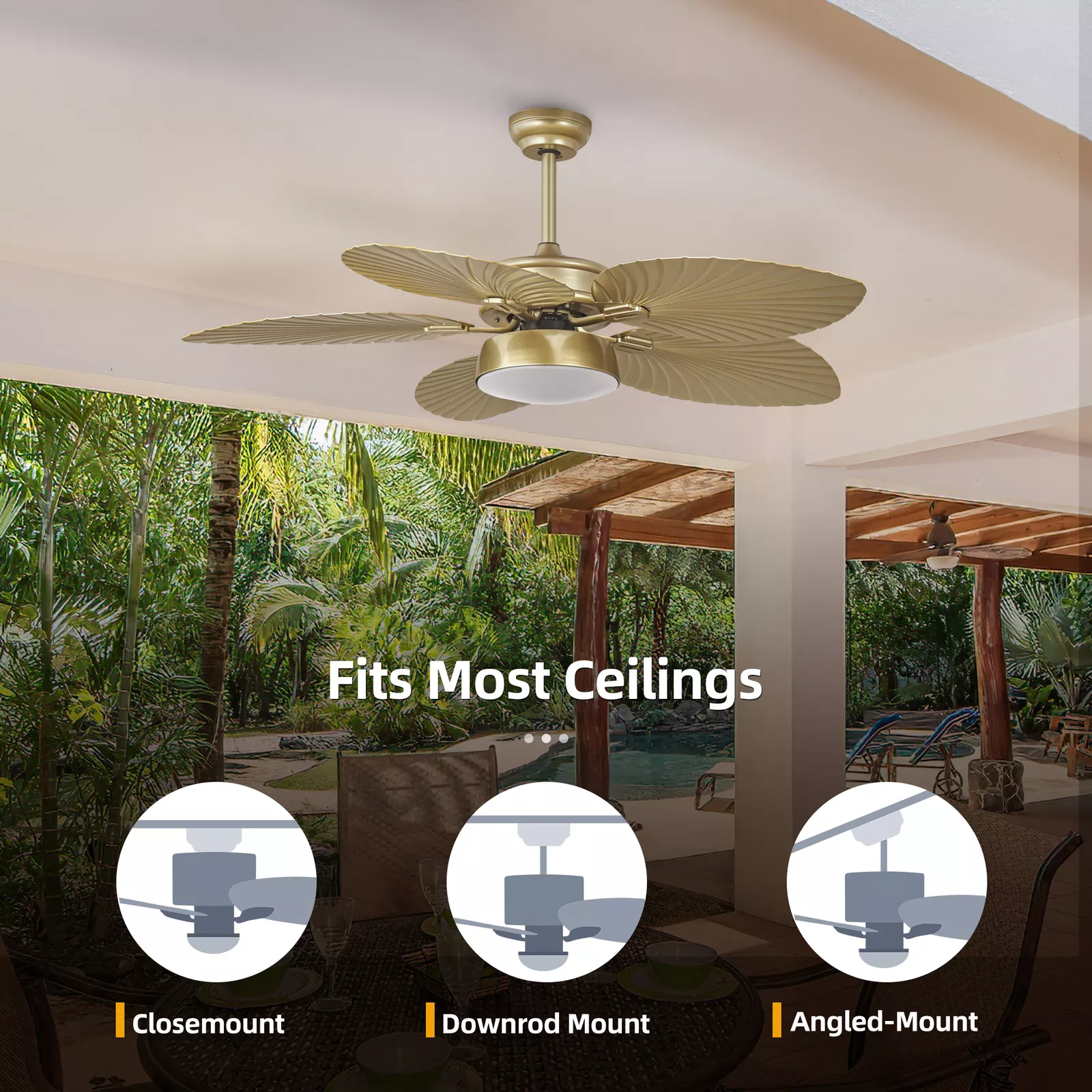 Gold Palm Leaf Ceiling Fan With Light & Remote - Image 4