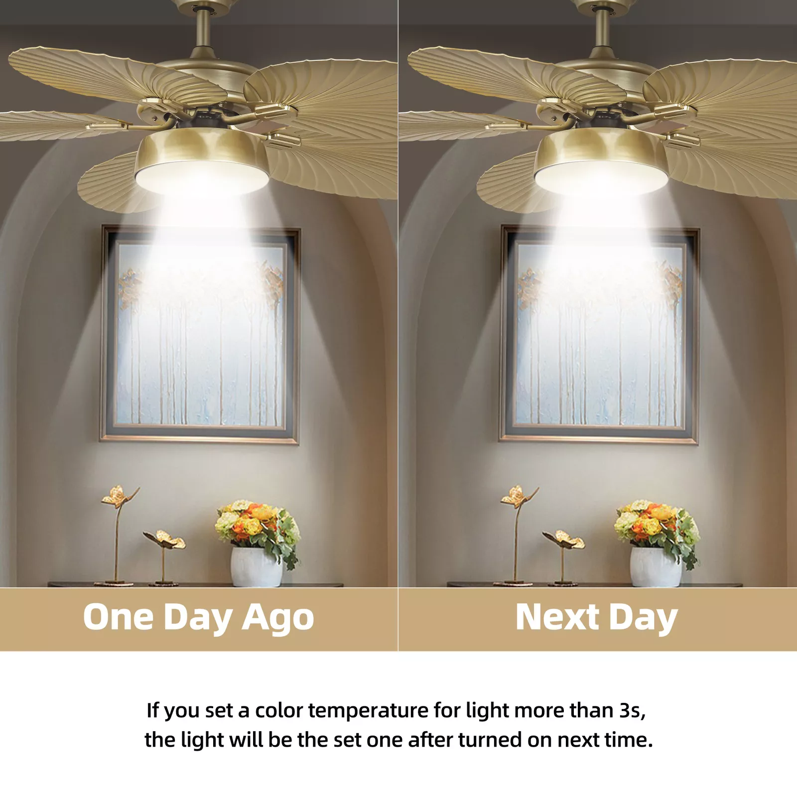 Gold Palm Leaf Ceiling Fan With Light & Remote - Image 7