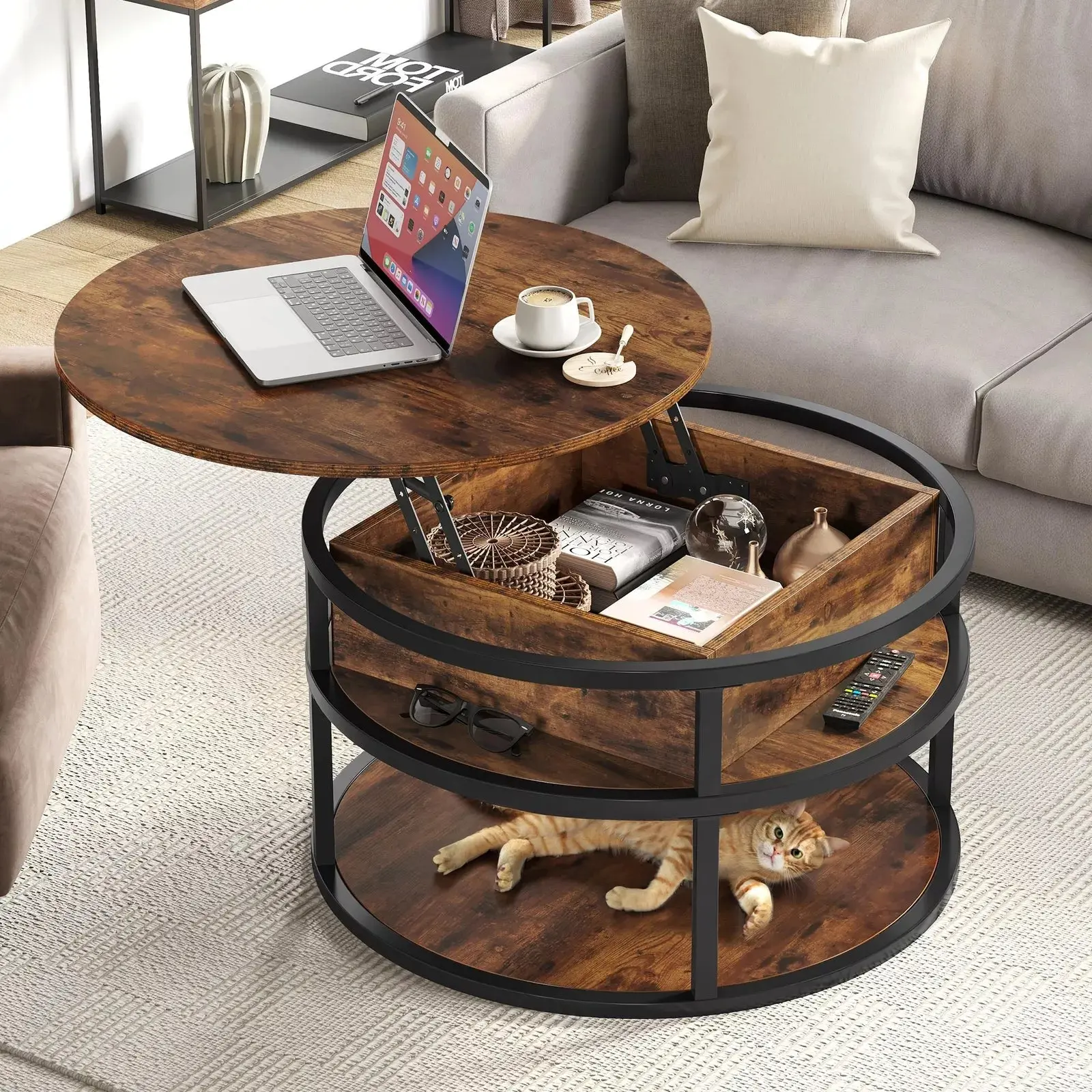 Keith Rustic Round Lift Top Farmhouse Coffee Table
