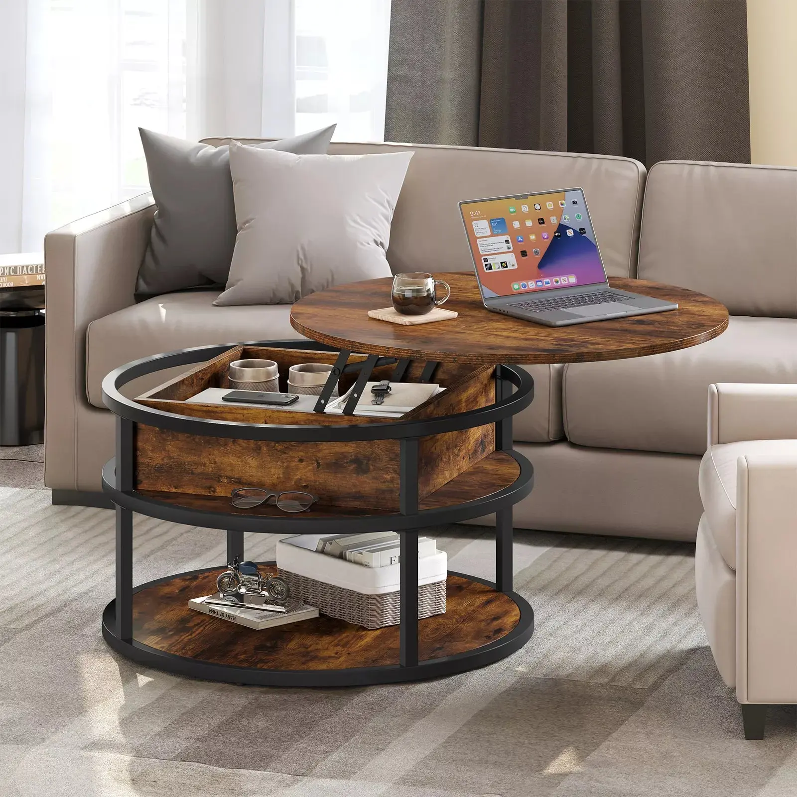 Keith Rustic Round Lift Top Farmhouse Coffee Table - Image 2