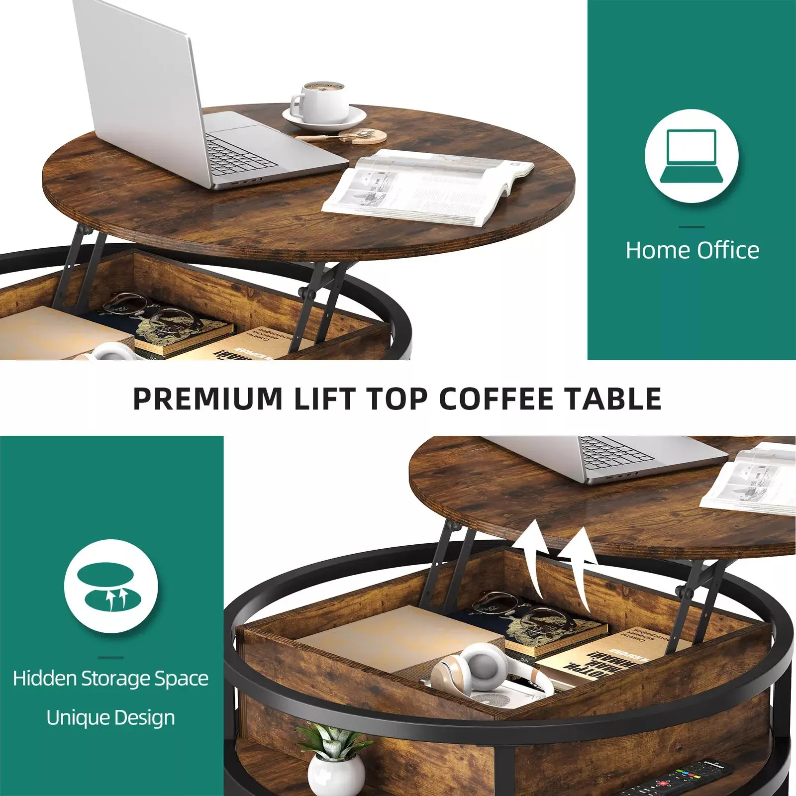 Keith Rustic Round Lift Top Farmhouse Coffee Table - Image 4