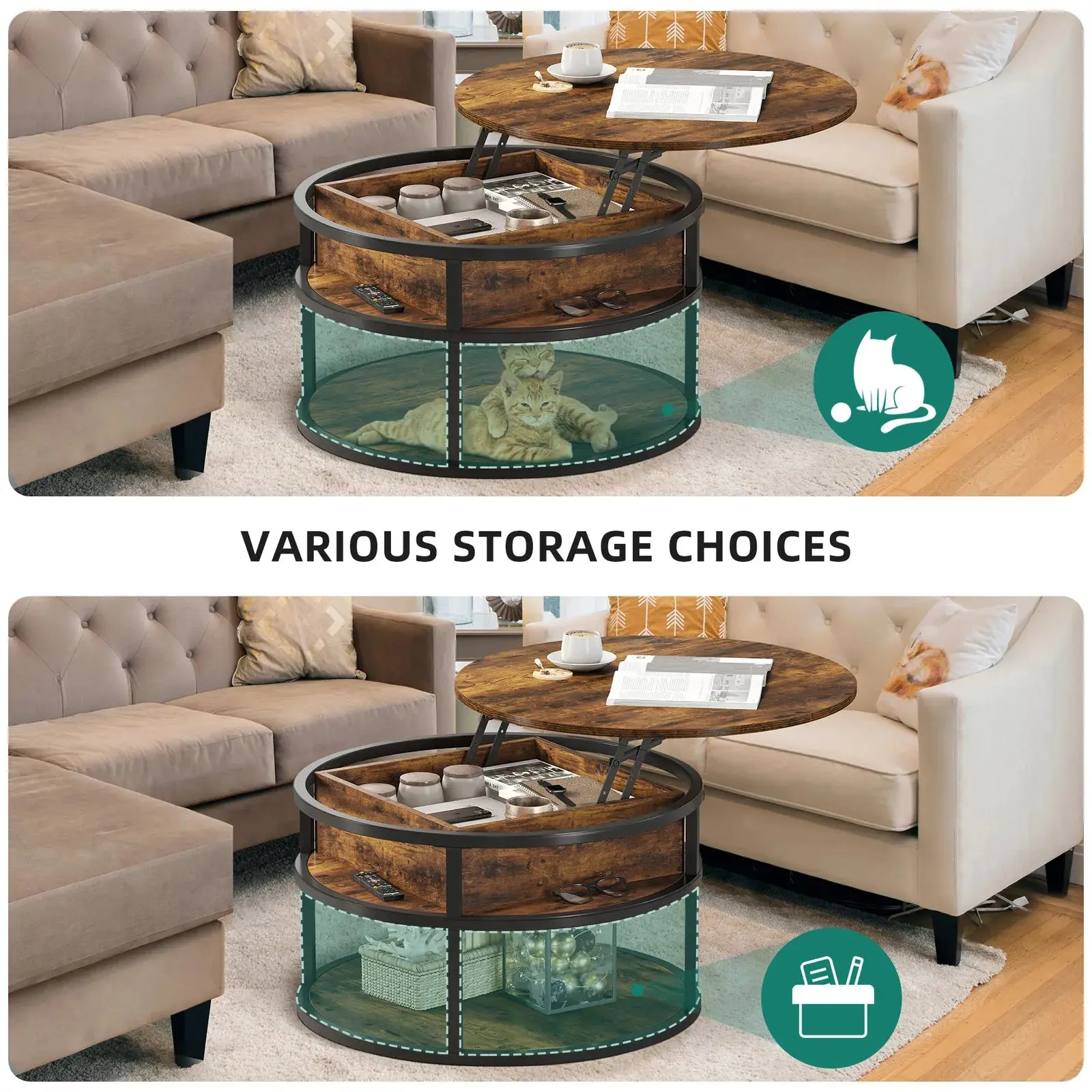 Keith Rustic Round Lift Top Farmhouse Coffee Table - Image 5