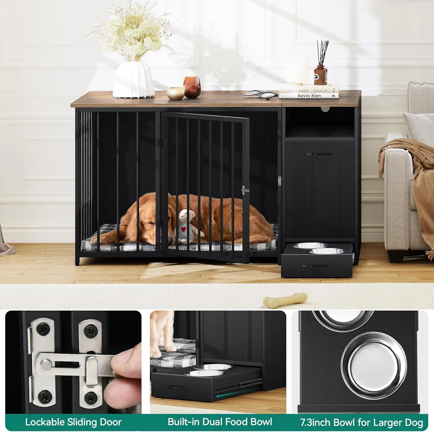 55" Keller Large Dog Crates Furniture With Bowl - Image 4