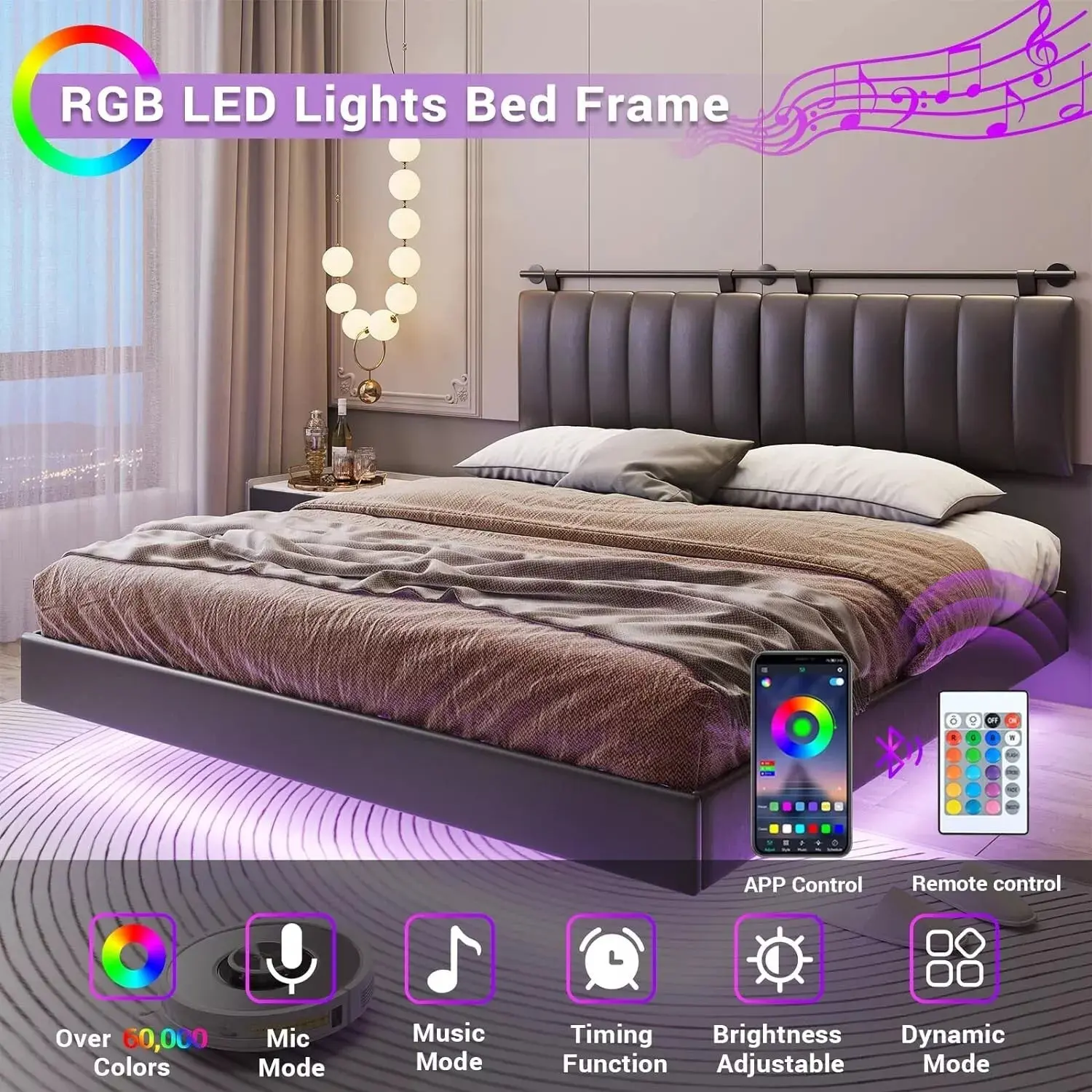 King Size Leather Floating Bed With Lights - Image 5