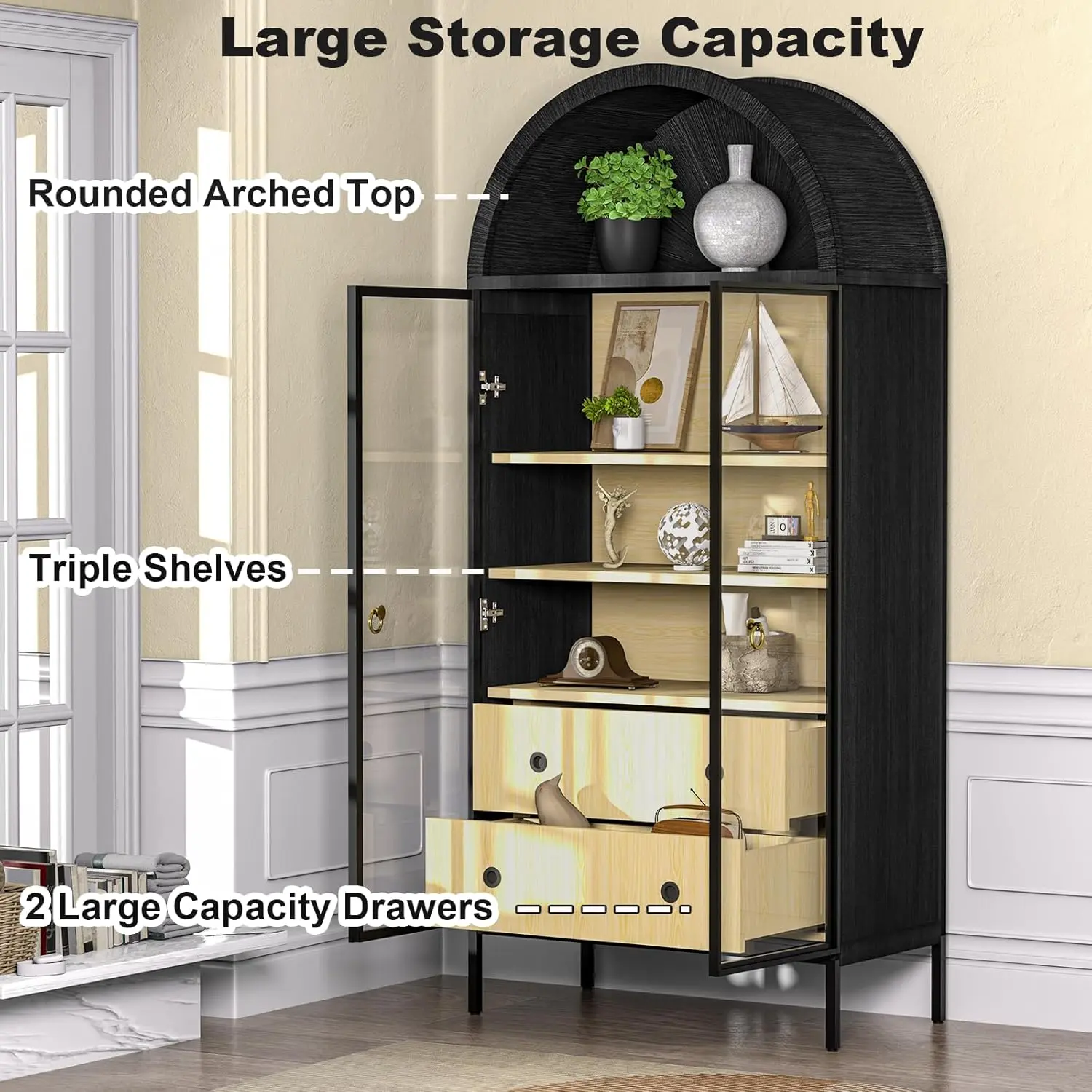 Lea Black Arched Storage Display Cabinet - Image 3