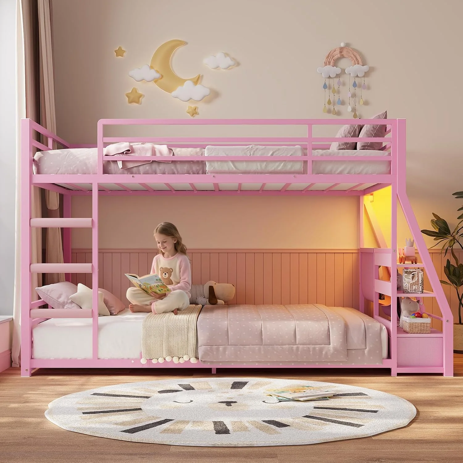 Low Bunk Bed Twin Over Twin with Montessori Bookshelf - Image 5