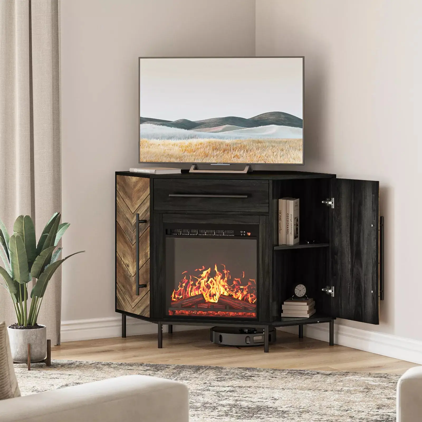 Luc Mid Century Corner Fireplace TV Stand - Image 2
