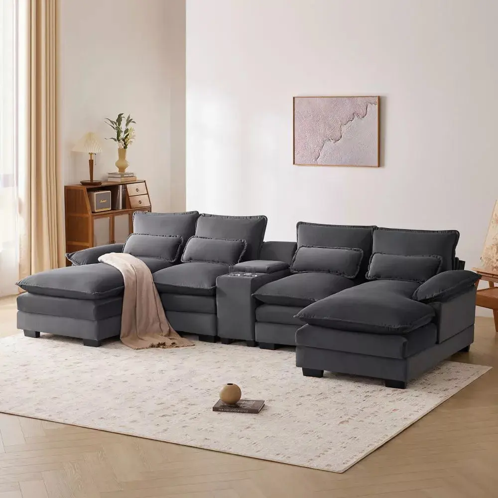Modern Chenille U Shaped Sectional Console Couch - Image 11