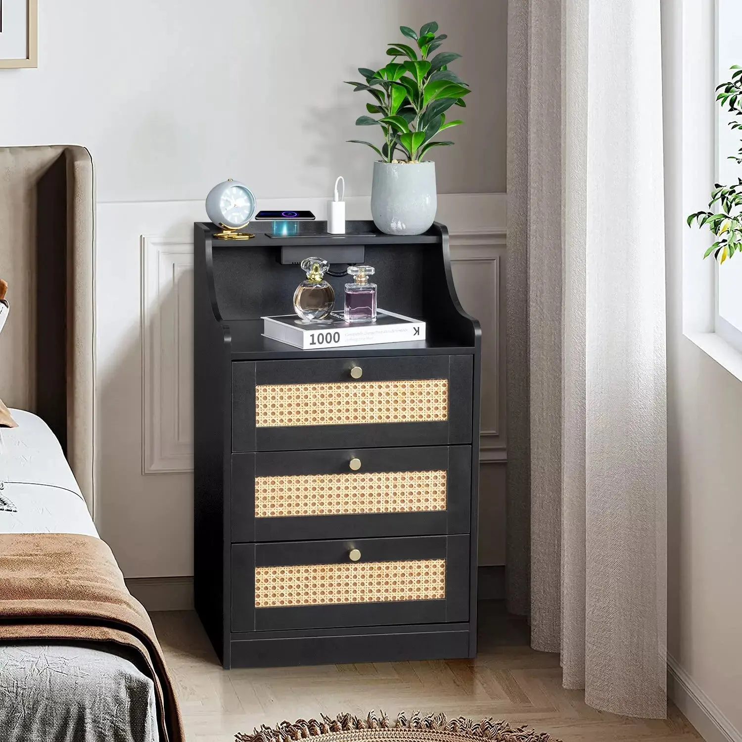 Nell Rattan Nightstand Table With Charging Station - Image 2