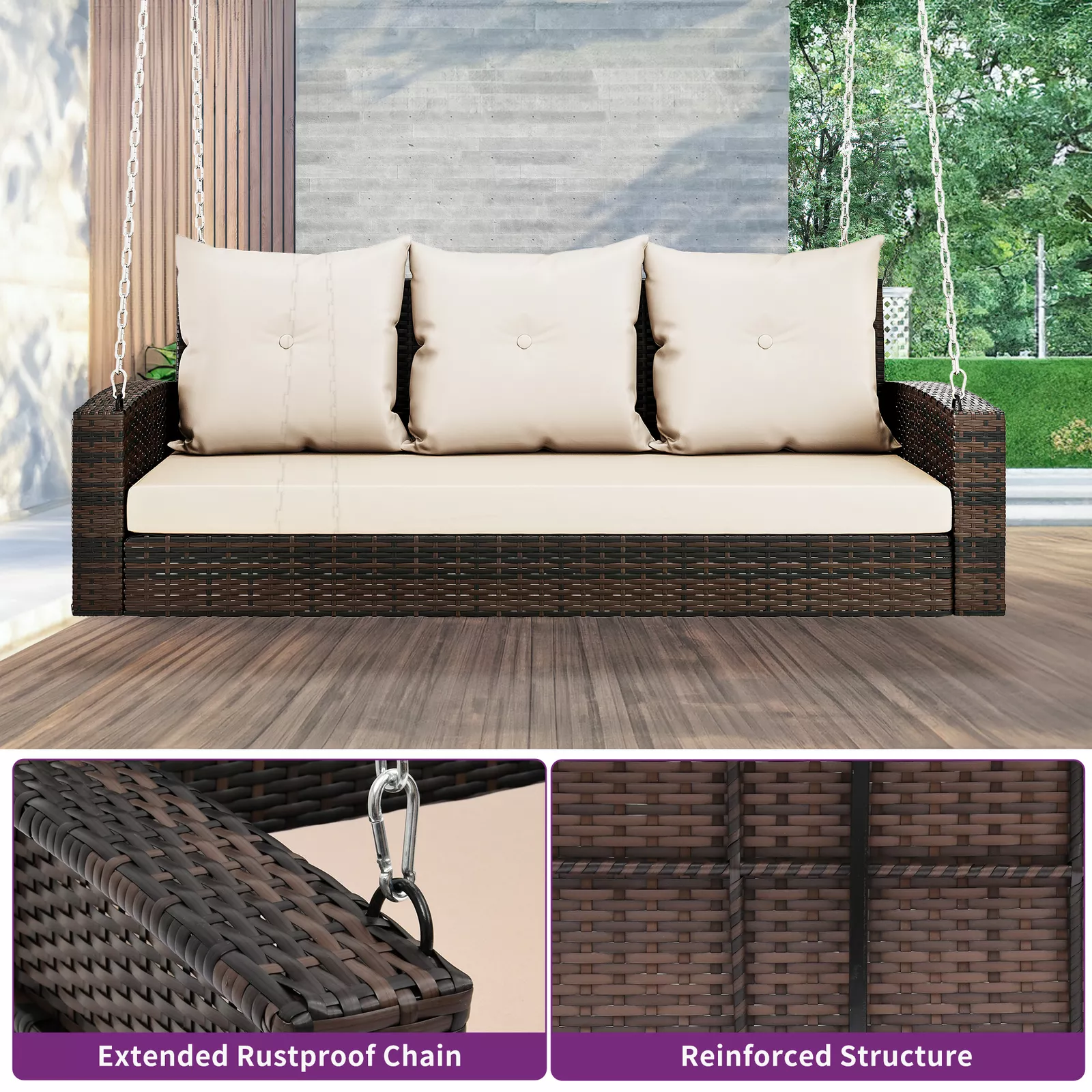 Outdoor Rattan Cushioned Hanging Patio Swing - Image 3