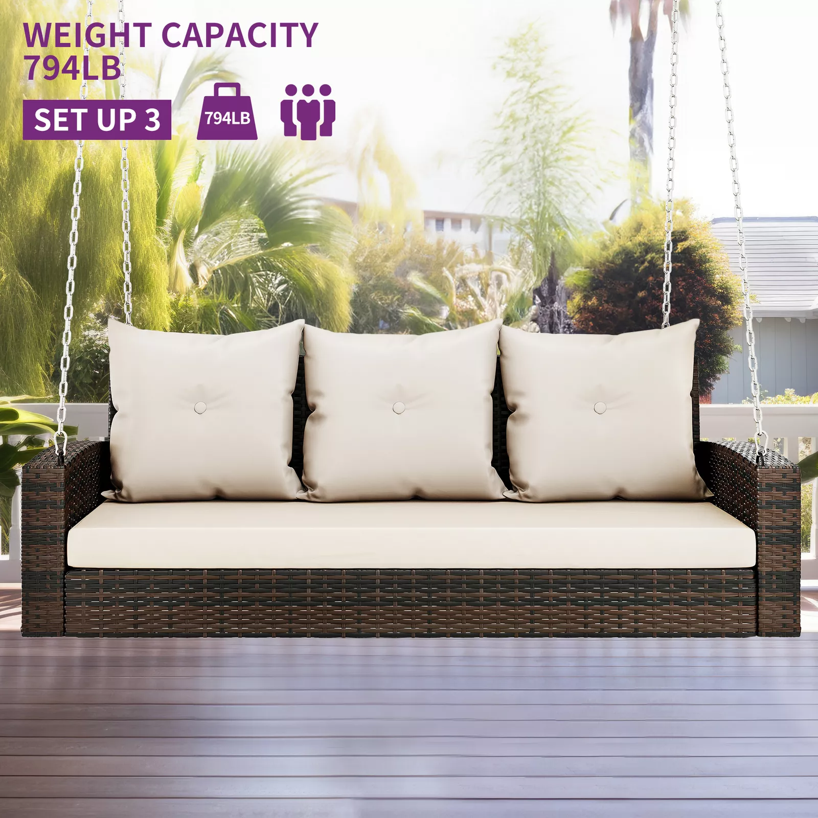 Outdoor Rattan Cushioned Hanging Patio Swing - Image 4