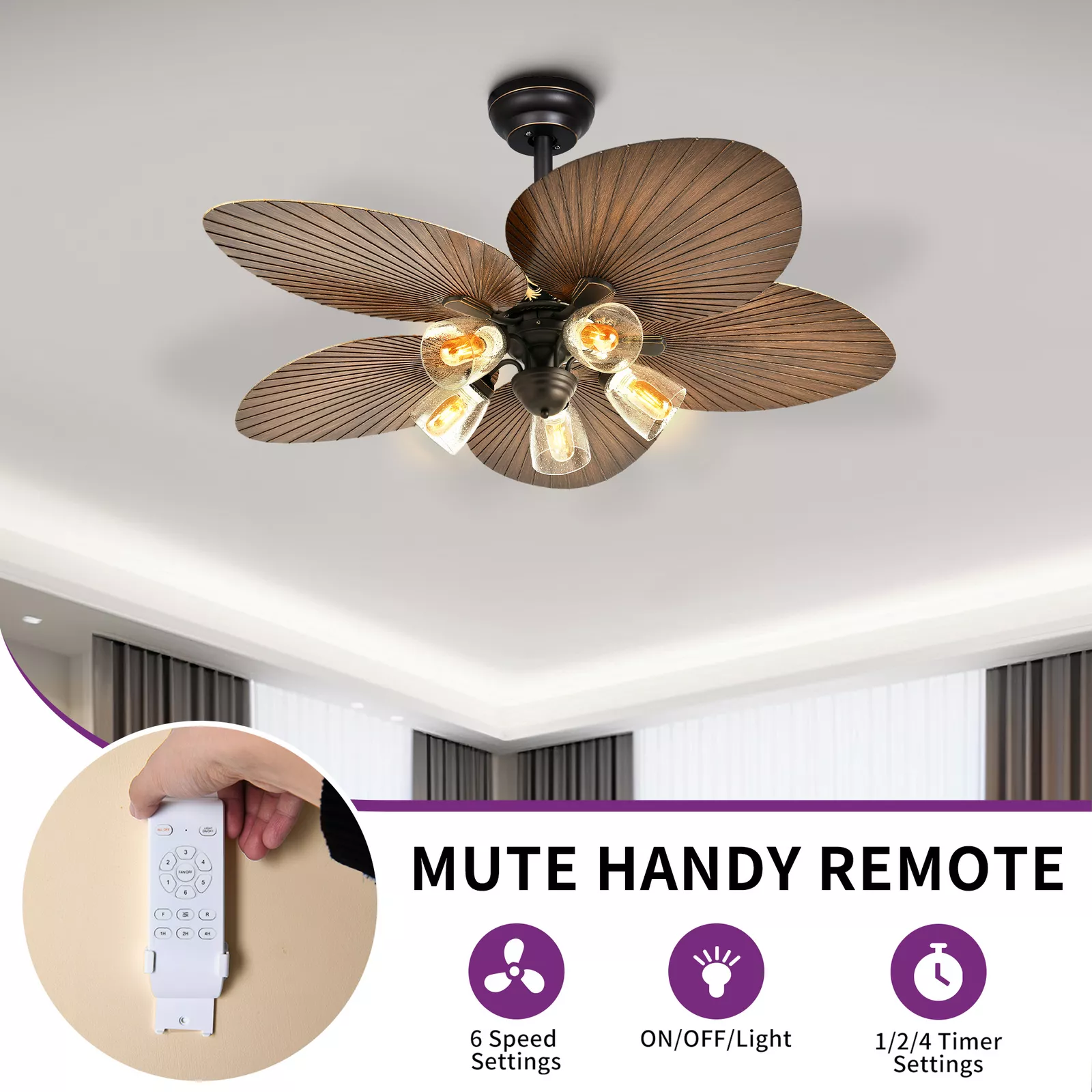 Palm Leaf Ceiling Fan With Light & Remote - Image 3