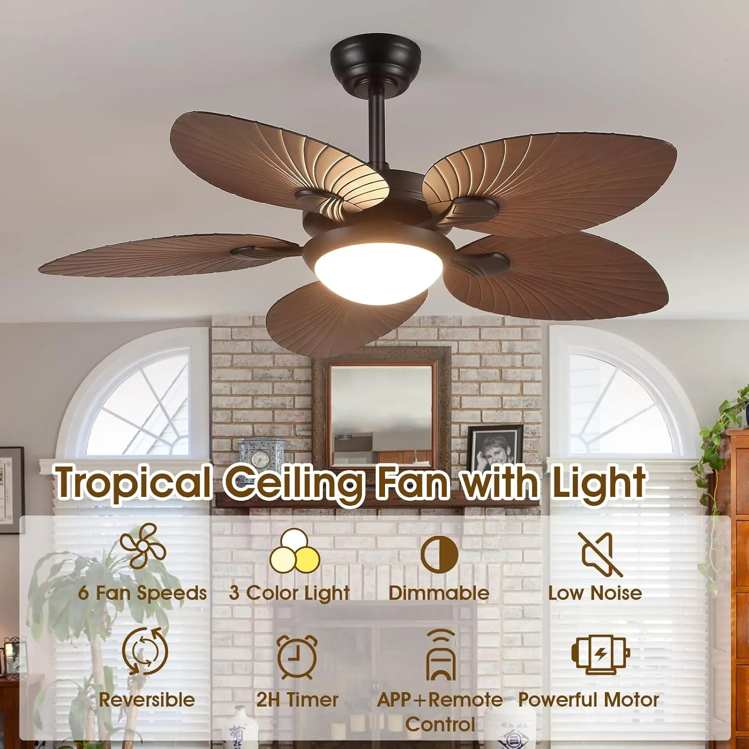 Palm Leaves Ceiling Fan With Light & Remote - Image 3