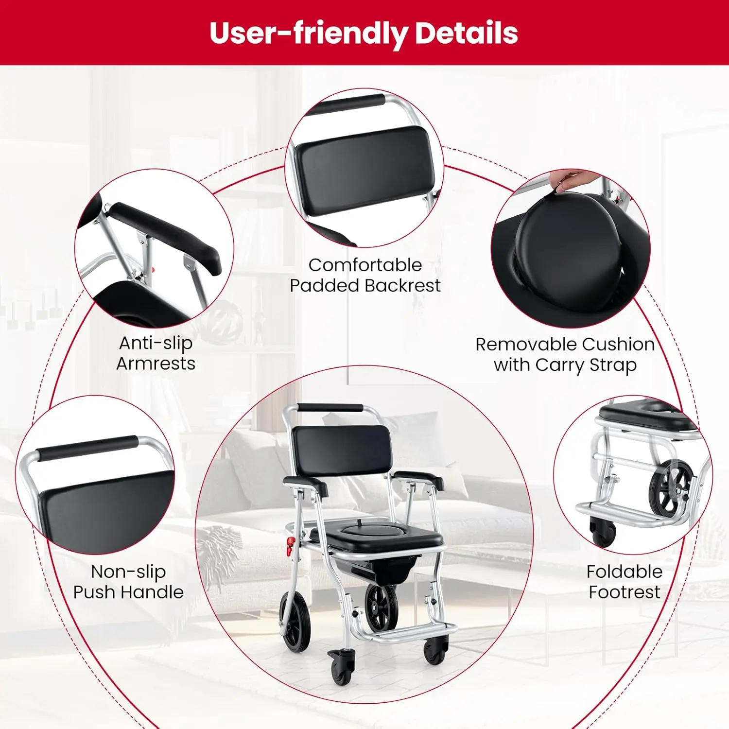 Pitts Foldable Elderly Shower Commode Wheelchair - Image 4