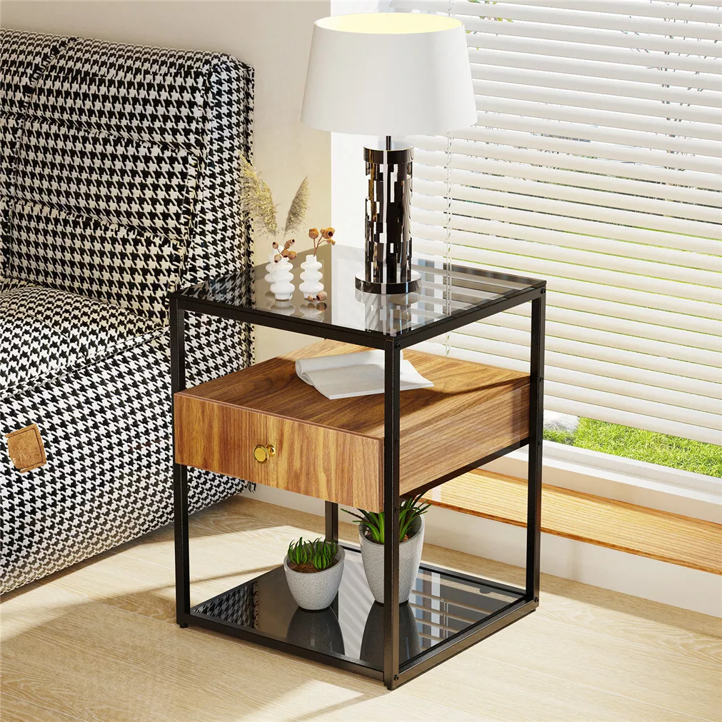 Potter Glass Bedside Nightstand Table With Drawer