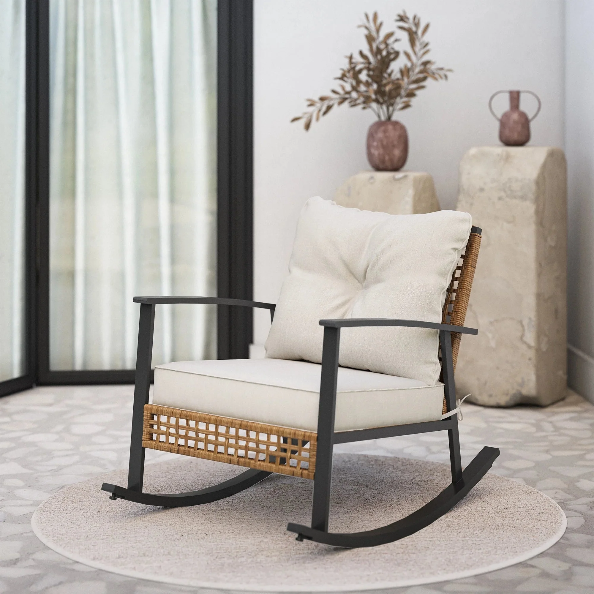 Rattan Modern Cushioned Rocking Armchair