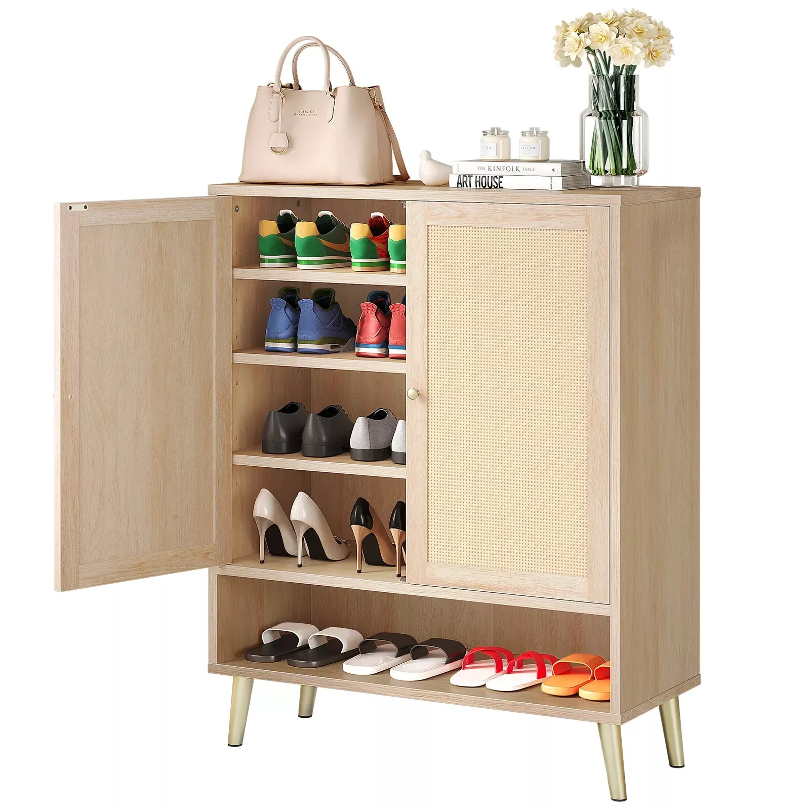 Rattan Narrow Entryway Shoe Cabinet - Image 3