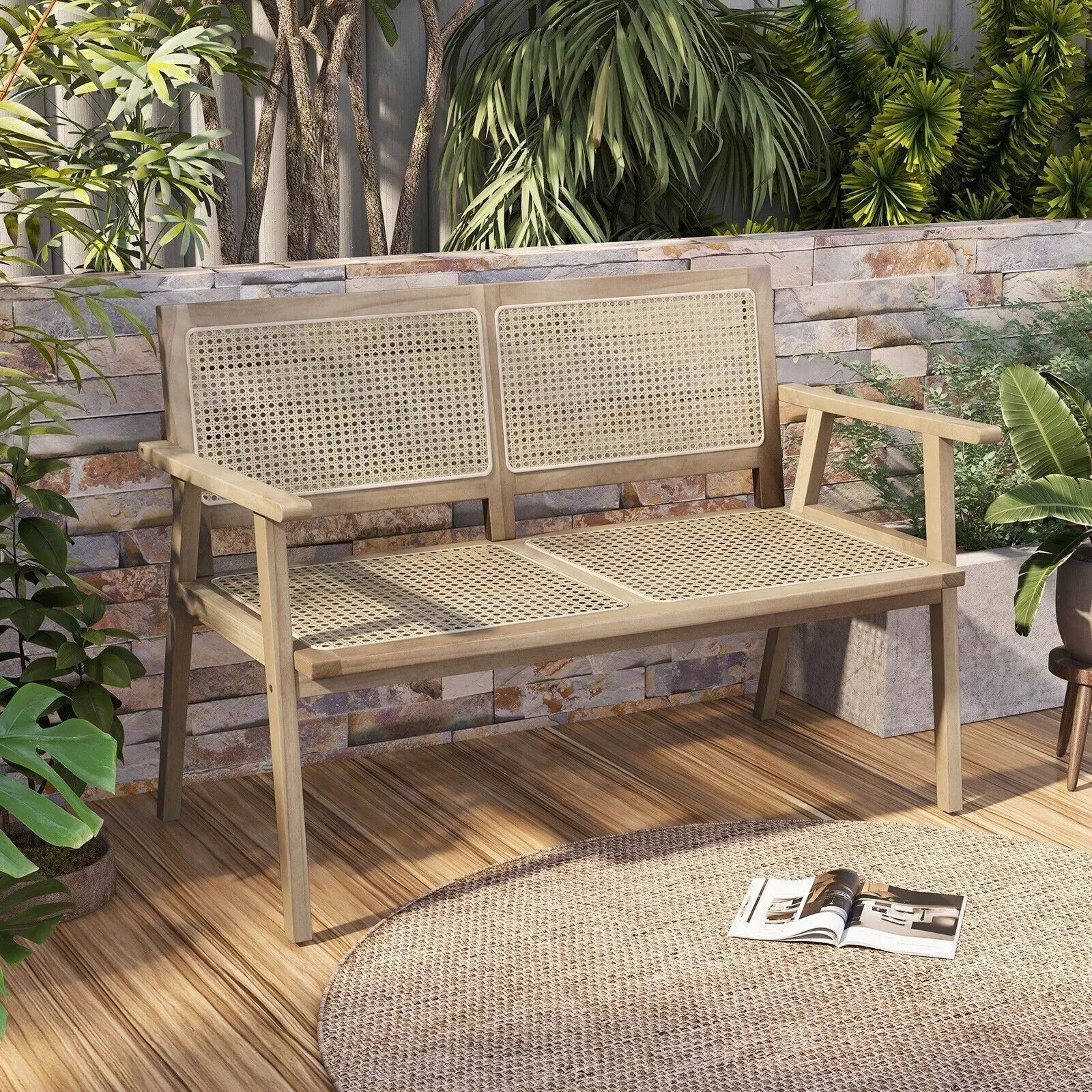 Rattan Wooden Outdoor Garden Bench