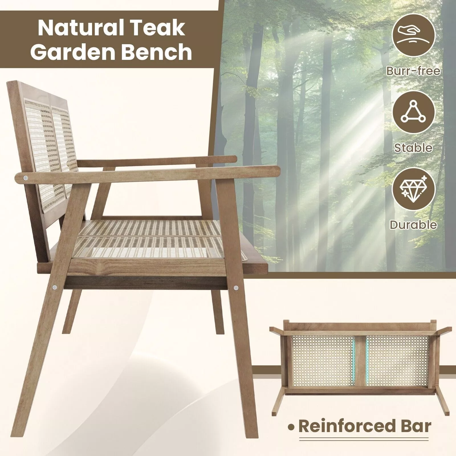Rattan Wooden Outdoor Garden Bench - Image 4