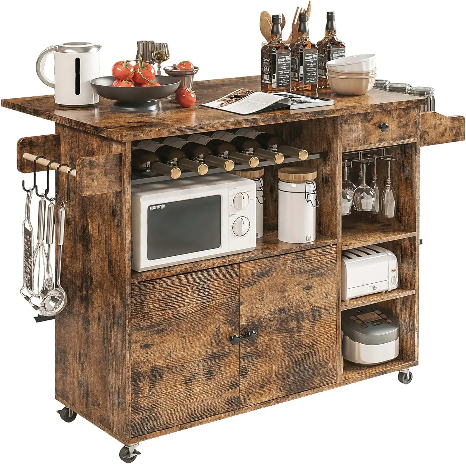 Rustic Rolling Drop Leaf Kitchen Island Cart - Image 2