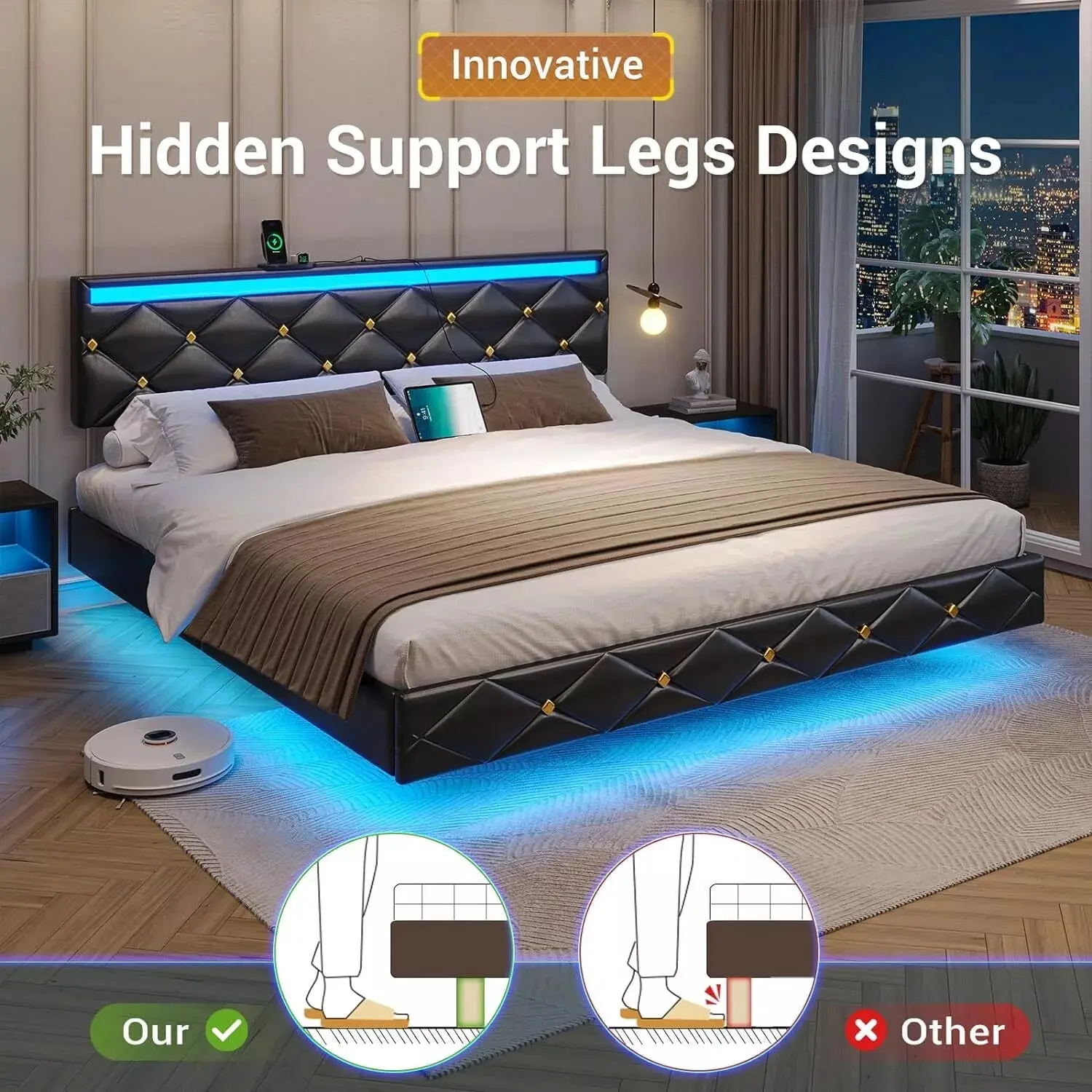 Shah Leather Upholstered Floating Bed With Lights - Image 5