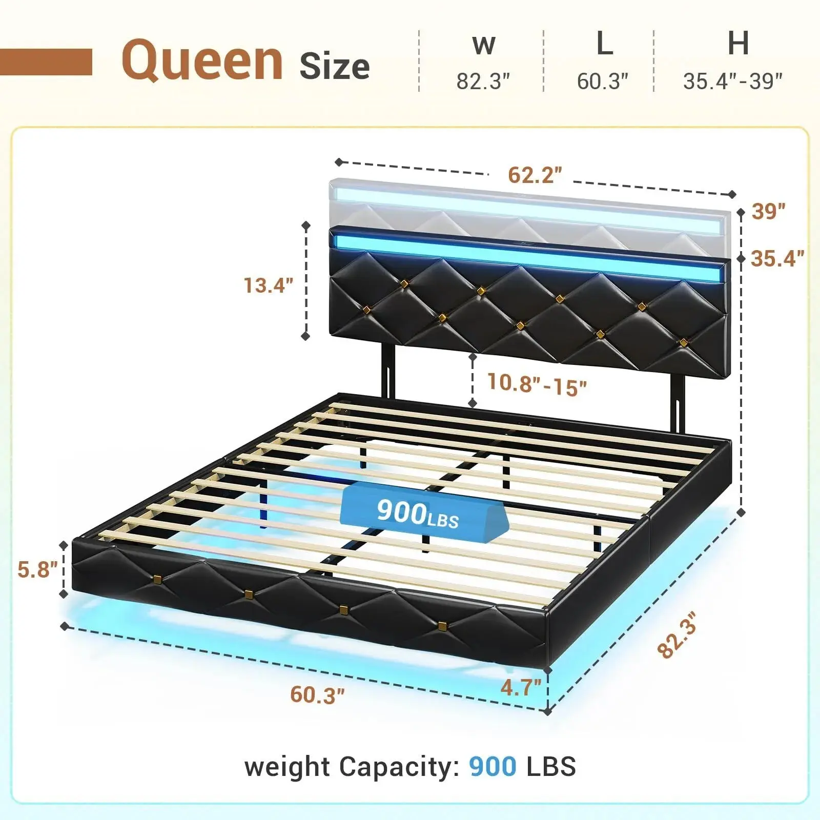 Shah Leather Upholstered Floating Bed With Lights - Image 8