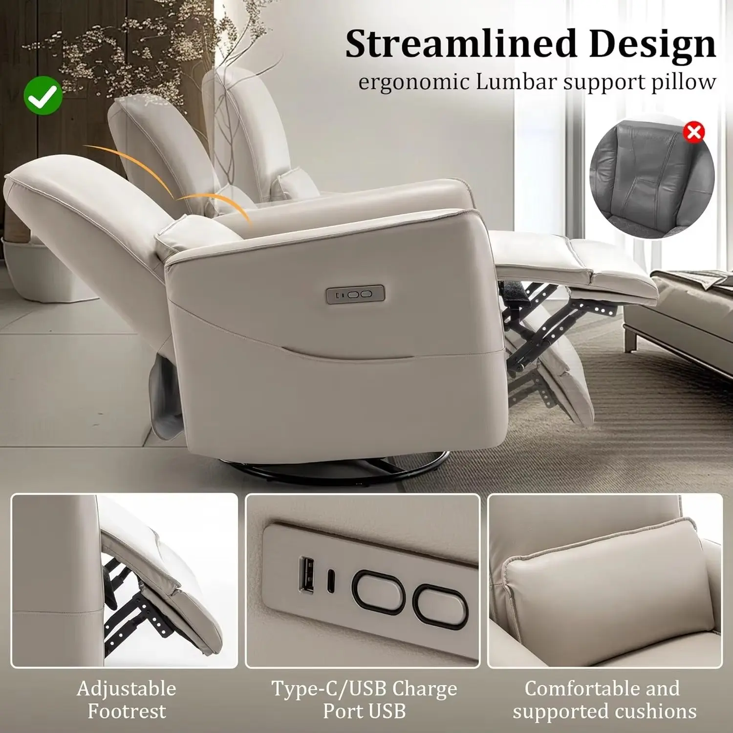 Swivel Rocker Power Recliner Chair with Smooth Motion System and USB & Type-C Ports - Image 5