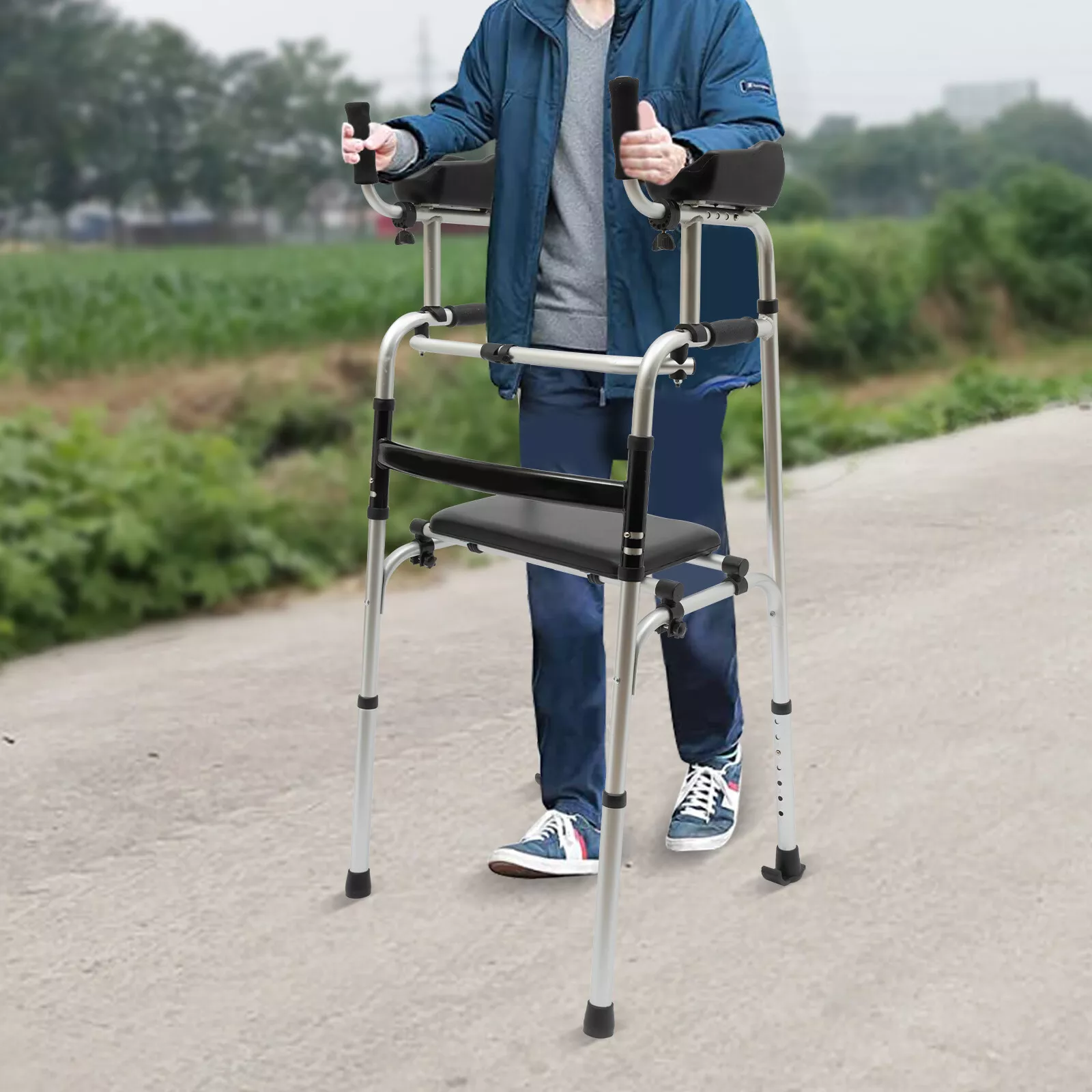 Upright Elderly Mobility Walker With Seat