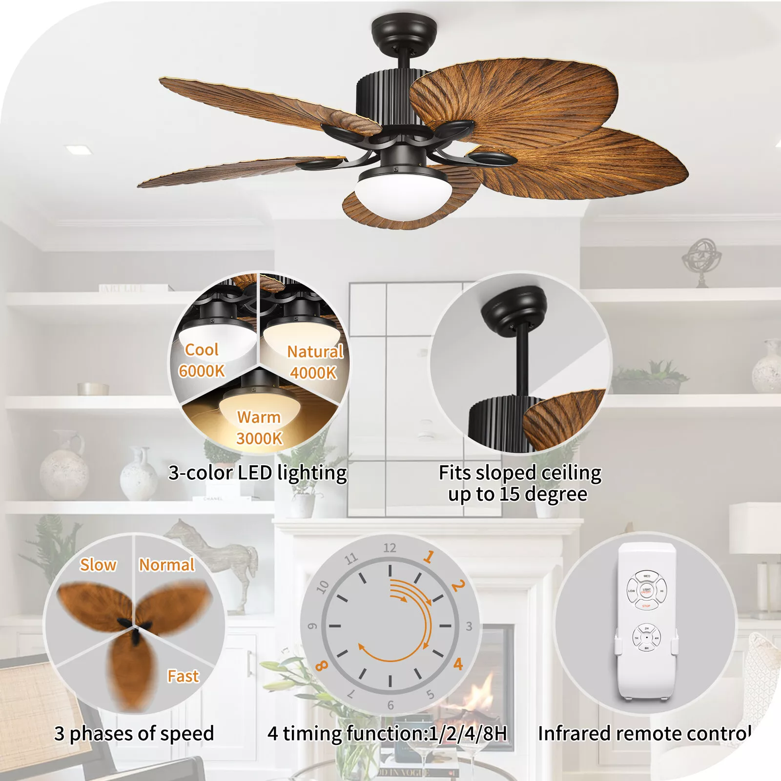 Walnut Palm Leaf Ceiling Fan With Light & Remote - Image 4