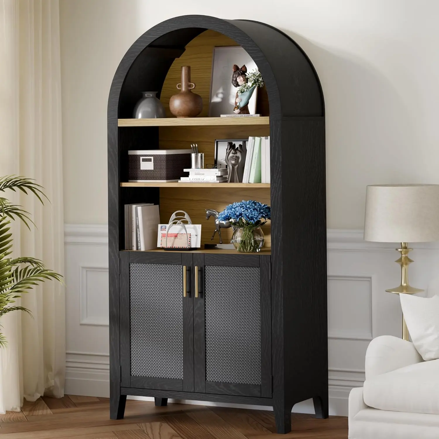 Wide Rattan Arched Storage Display Cabinet