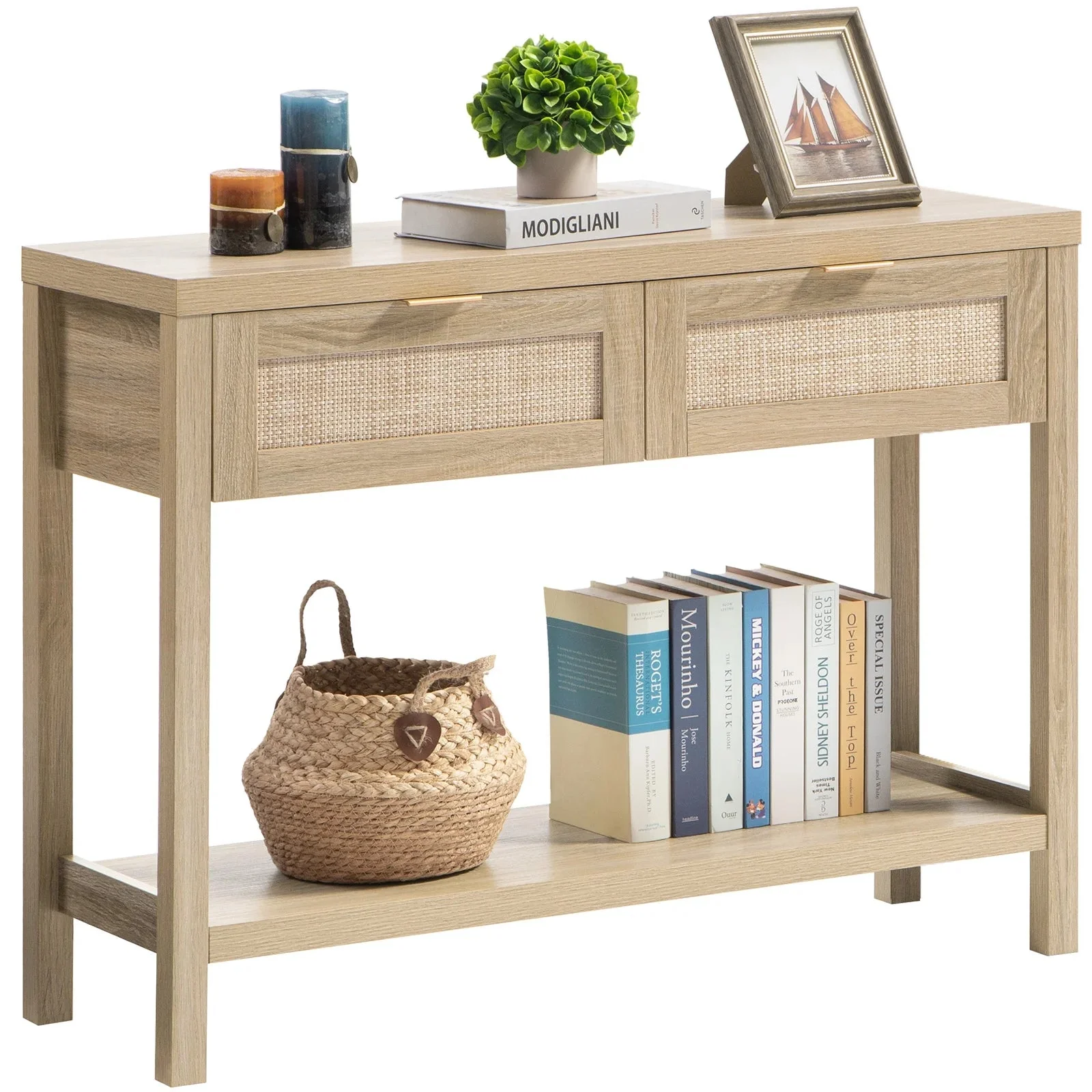 Zaki Rattan Narrow Entryway Table With Storage - Image 2