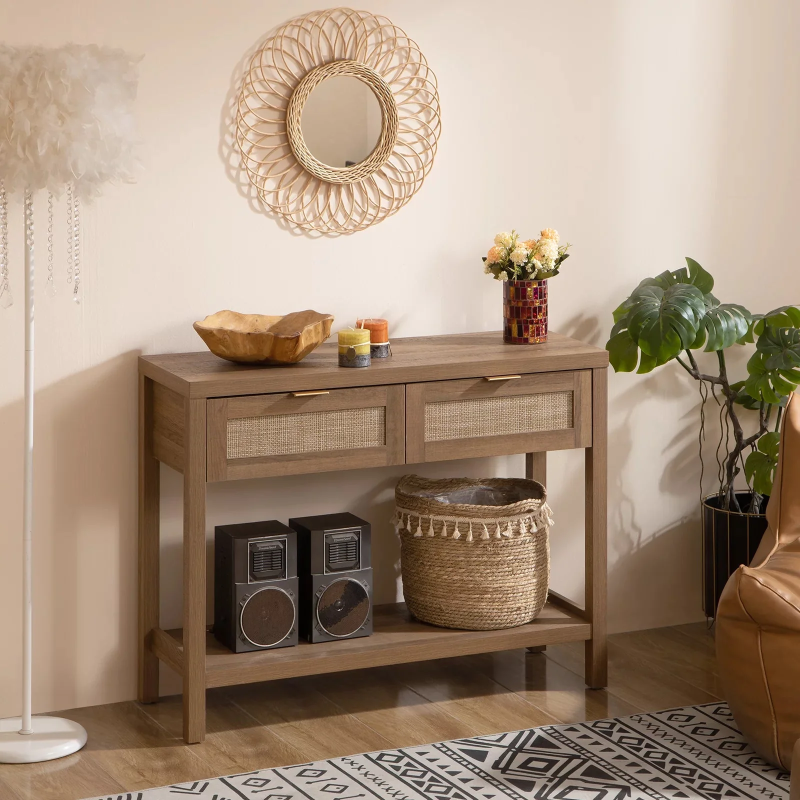 Zaki Rattan Narrow Entryway Table With Storage - Image 6